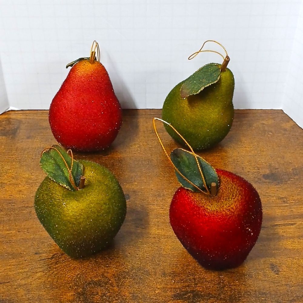 Lot of 4 Vintage Realistic Fuzzy & Glitter Fruit Ornaments